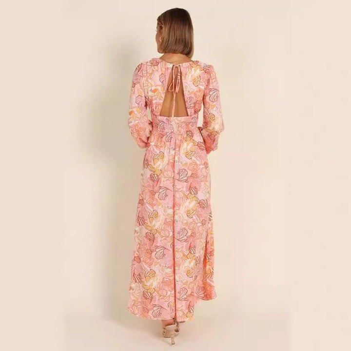 Damen Blütenmuster Sommerkleid mit tiefem V-Ausschnitt und Puffärmeln Drune