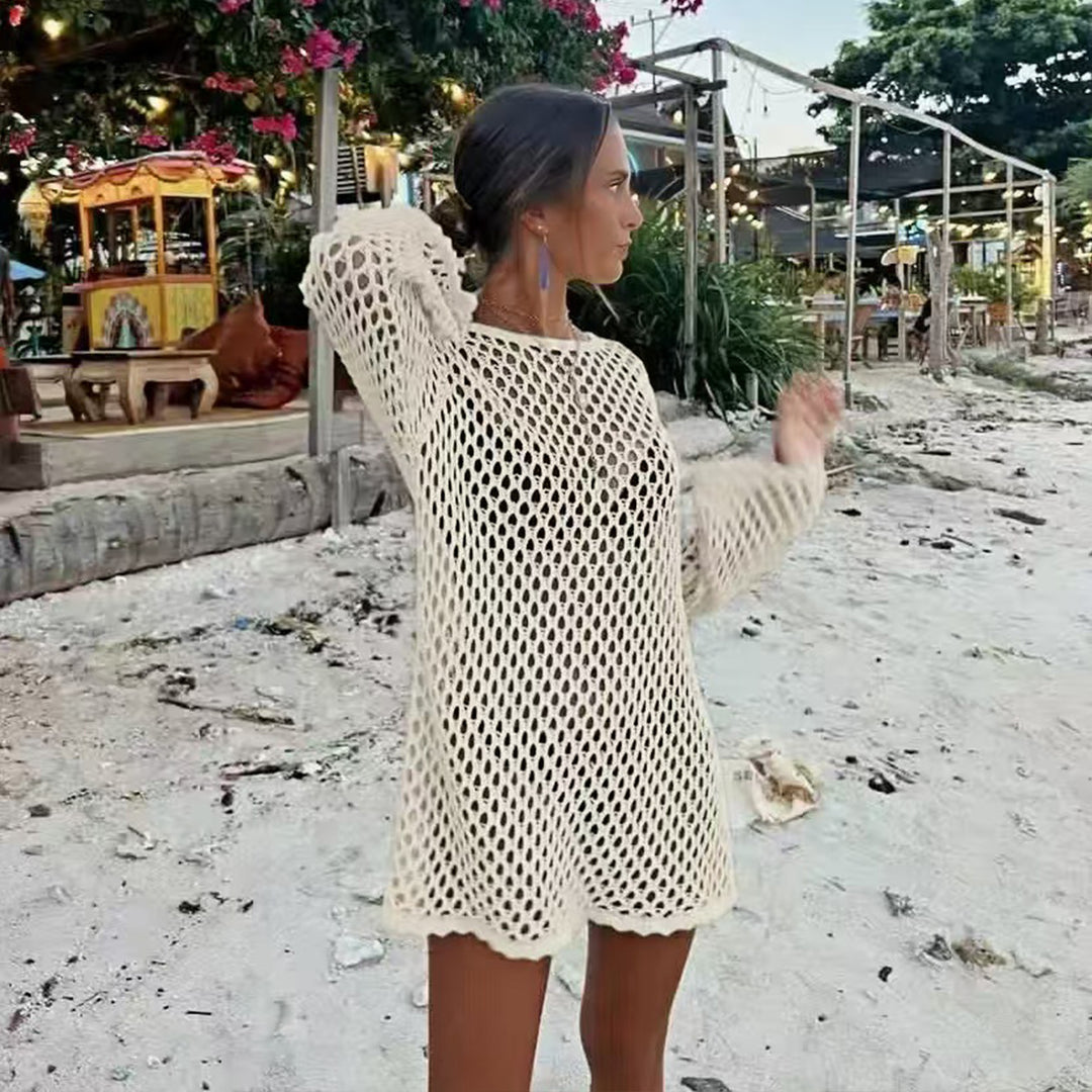 Damen luftiger Häkel-Strandüberwurf mit weiten Ärmeln und asymmetrischem Saum Drune