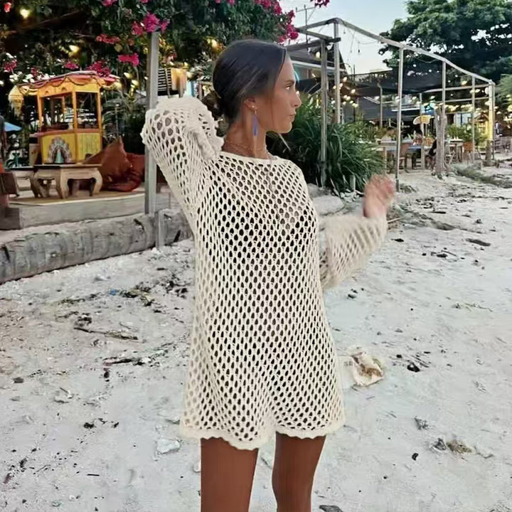 Damen luftiger Häkel-Strandüberwurf mit weiten Ärmeln und asymmetrischem Saum Drune