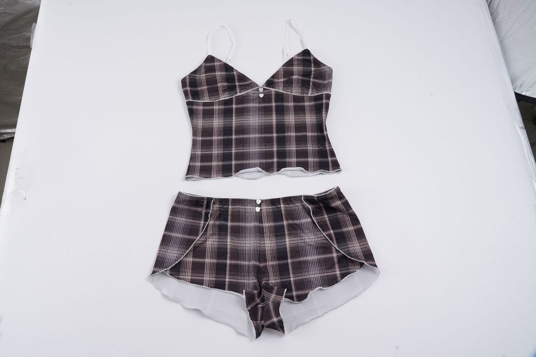 Damen Schlafanzug mit Karomuster und elegantem Spitzendetail Drune