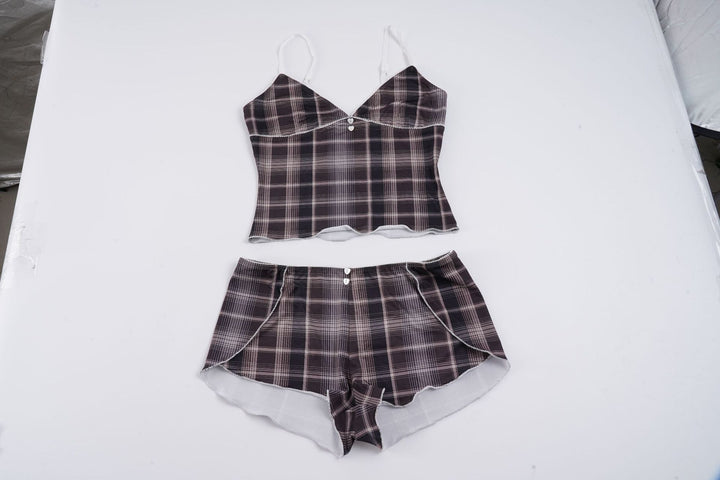 Damen Schlafanzug mit Karomuster und elegantem Spitzendetail Drune
