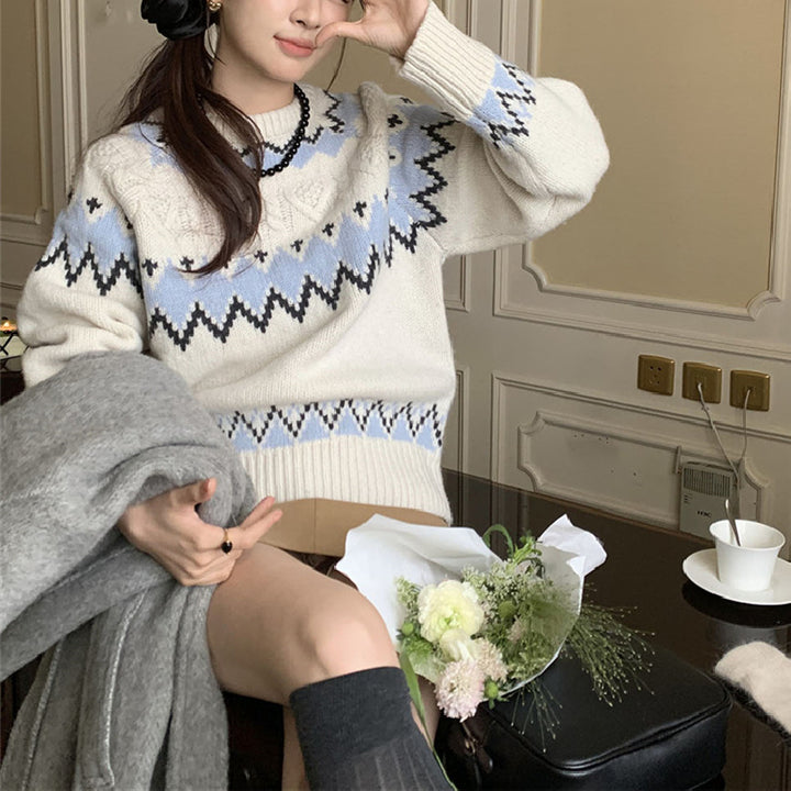 Damen modischer Strickpullover mit grafischem Muster Drune