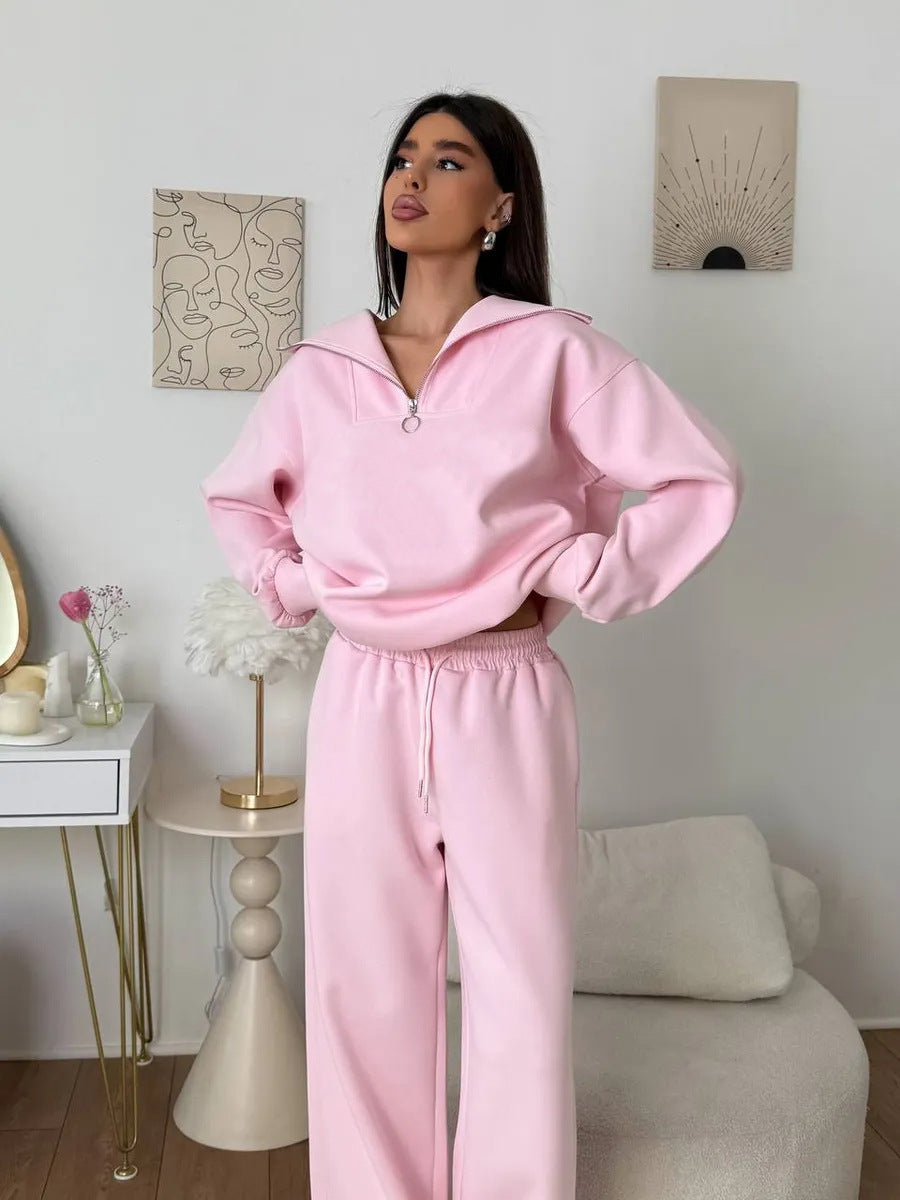 Damen eleganter Fleece-Sportanzug mit hochgeschlossenem Kragen und praktischem Reißverschluss Drune