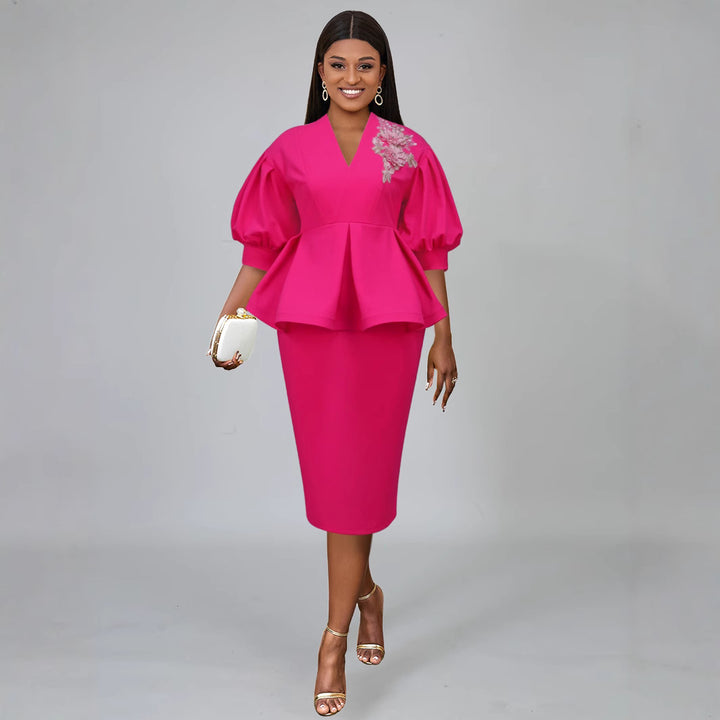 Damen elegantes A-Linien Kleid mit modischen Puffärmeln und floralem Akzent Drune