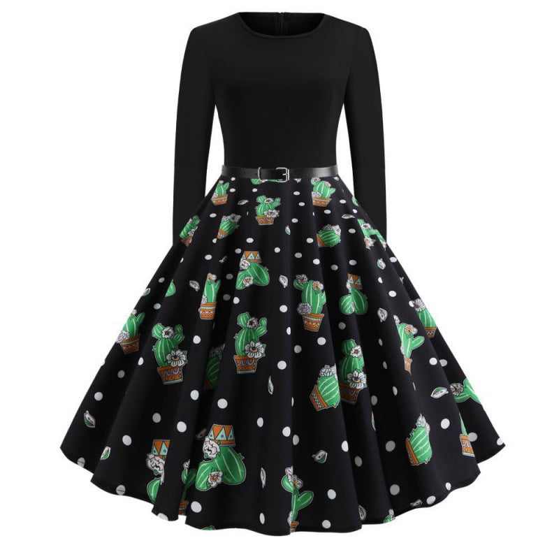 Damen Swingkleid mit floralem Kaktusdesign und ausgestelltem Rock Drune
