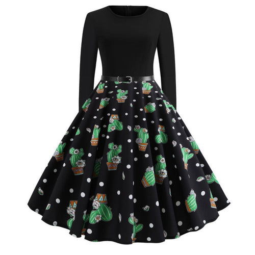 Damen Swingkleid mit floralem Kaktusdesign und ausgestelltem Rock Drune