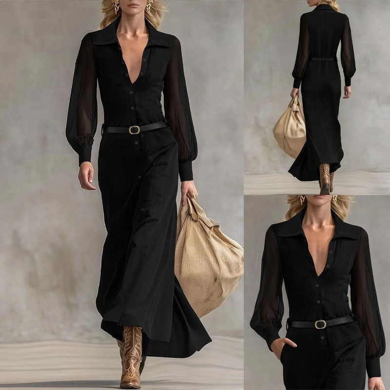 Damen Maxikleid mit transparenten Ärmeln und Taillengürtel Drune