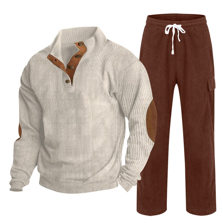 Herren nan Strick-Freizeitset mit Knopfleiste und Ellenbogenaufnähern sowie Cord-Cargohose Drune