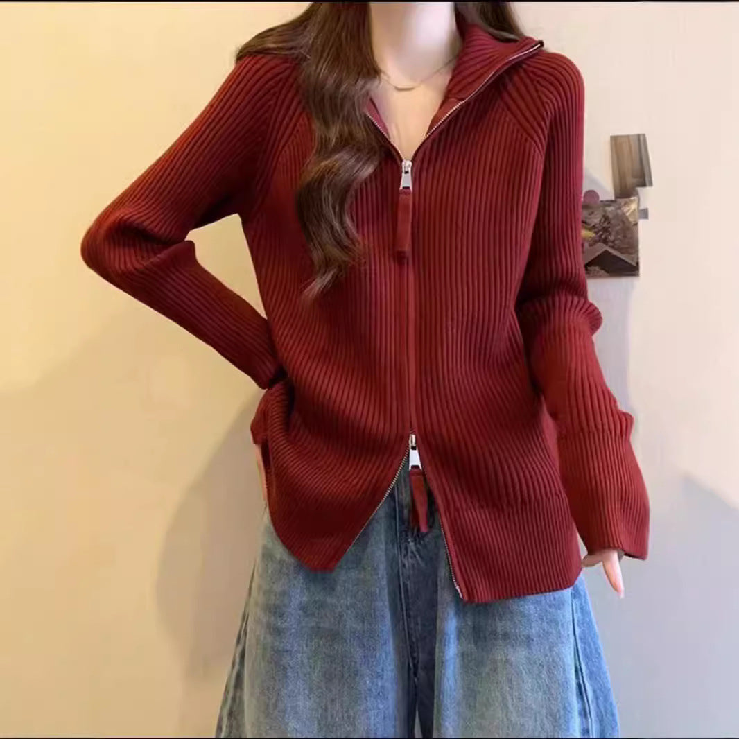 Damen Strickjacke mit hohem Stehkragen und Reißverschluss Drune