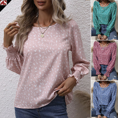 Damen elegante Bluse mit raffinierten Puffärmeln und zartem Muster Drune