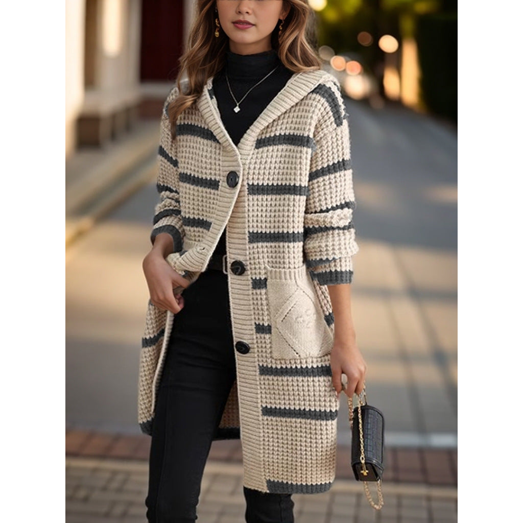 Damen Strickmantel mit Kapuze und Taschen Drune