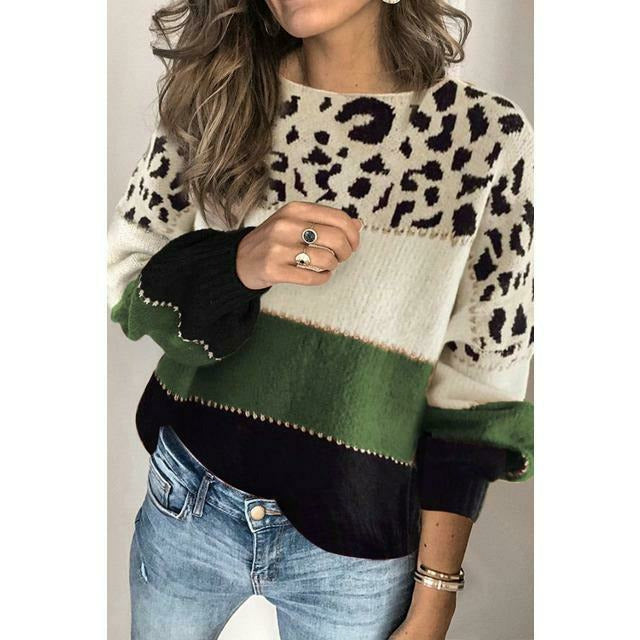 Drune | Pullover - Damen Herbst Leopard Patchwork Strickpullover