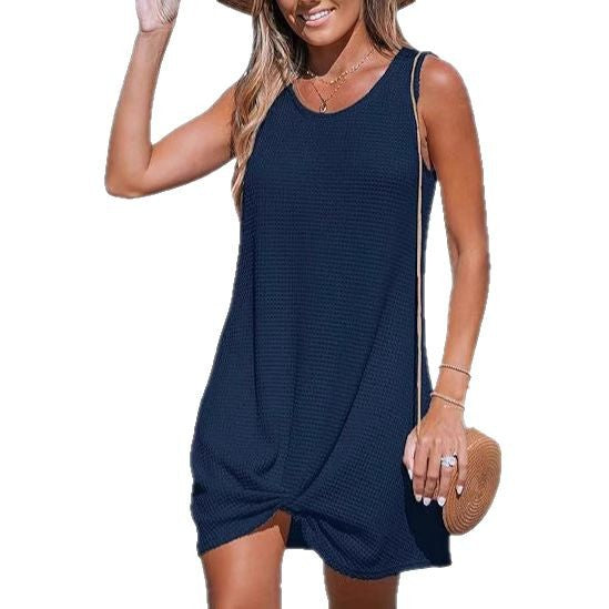 Damen lässiges Sommerkleid aus strukturierter Baumwolle mit verspieltem Knoten Drune