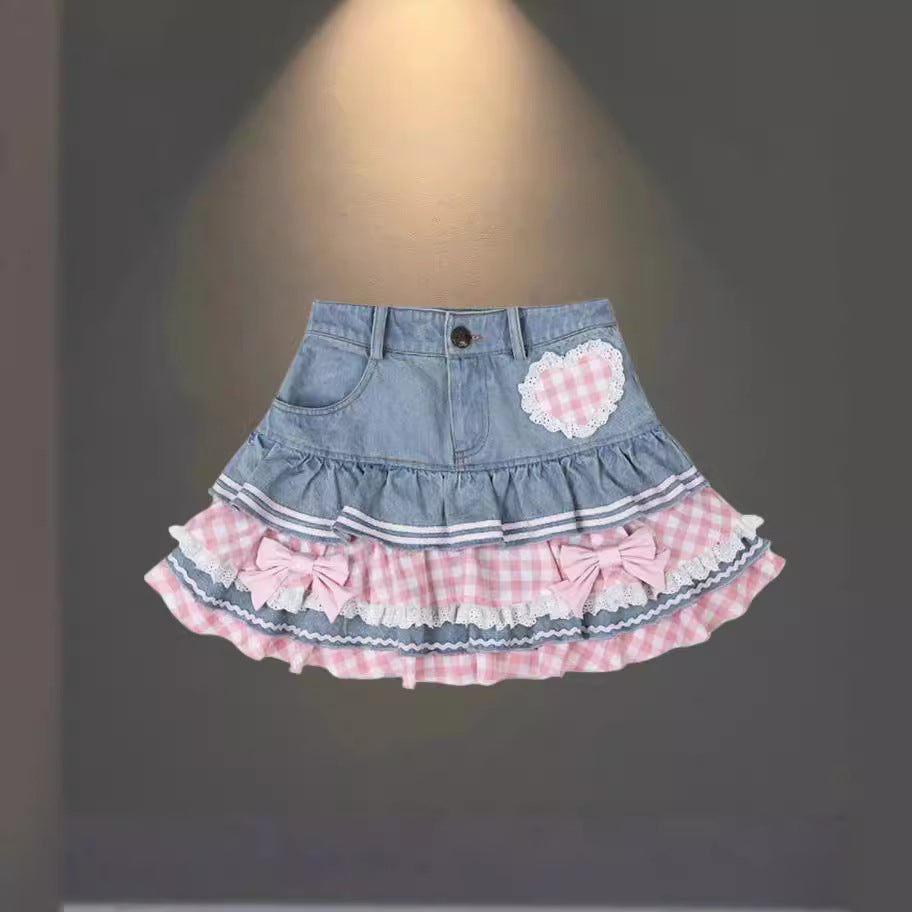 Damen Modische Mini-Jeansrock mit Rüschen und herzförmiger Applikation Drune