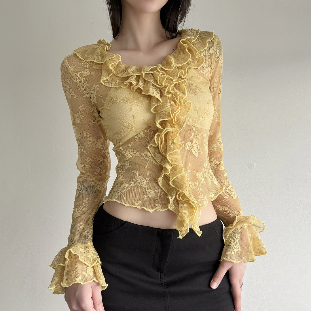 Damen Spitzenbluse mit Rüschendetails Drune