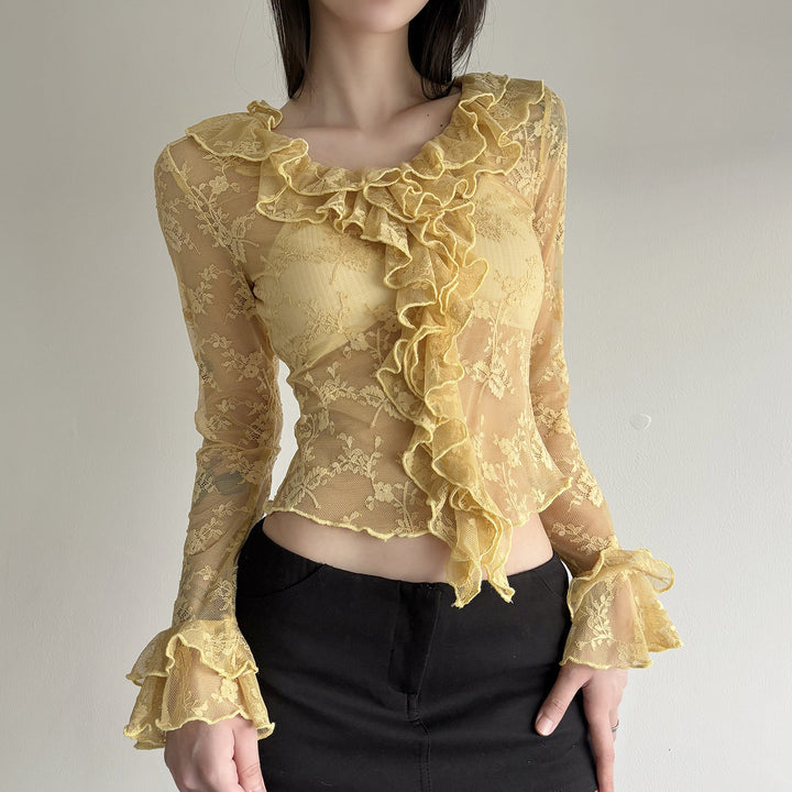 Damen Spitzenbluse mit Rüschendetails Drune