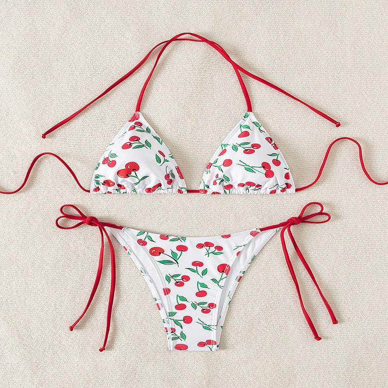 Damen Triangel-Bikini mit fröhlichem Kirschmuster und verstellbaren Bindebändern Drune