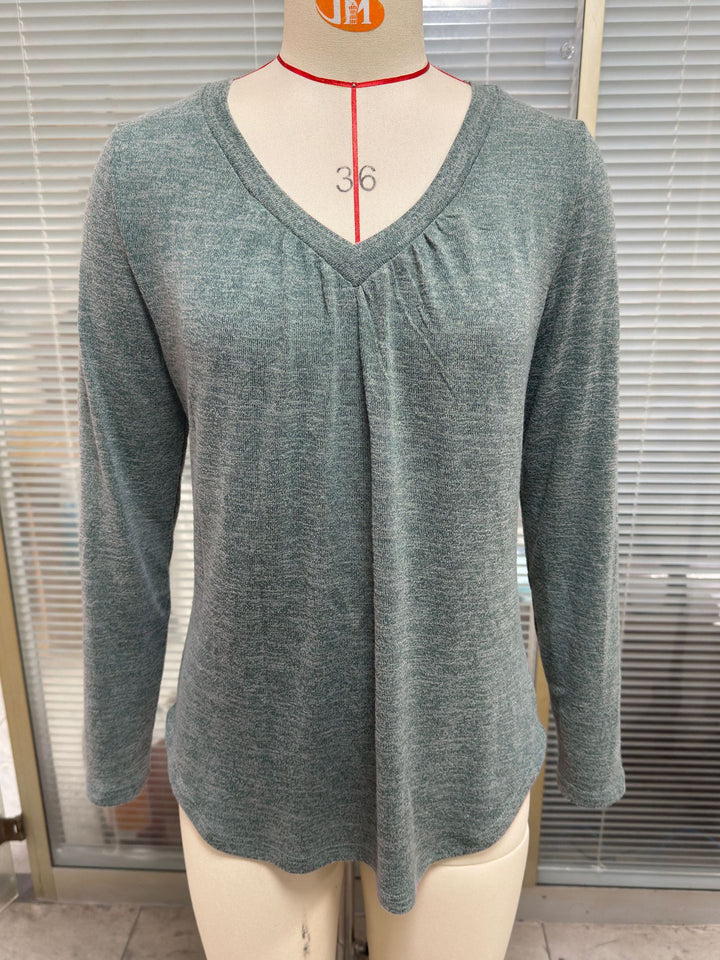 Damen lässiges Langarmshirt mit V-Ausschnitt und Falten Detail Drune