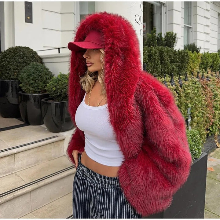 Damen oversized Kunstpelz-Jacke mit Kapuze und weiten Ärmeln Drune