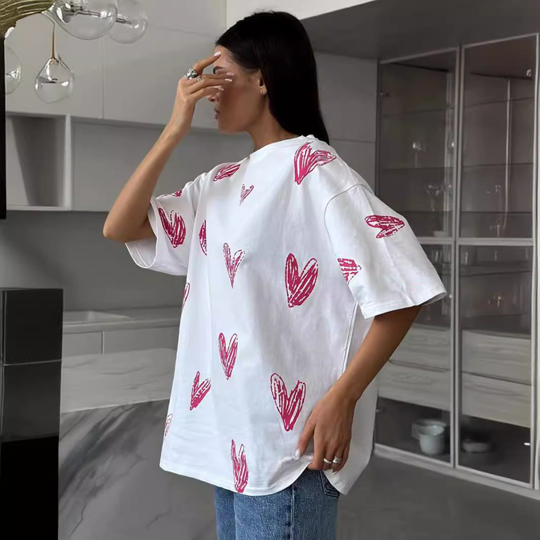 Damen Lässiges T-Shirt mit Herzmotiven und weit geschnittenem Schnitt Drune