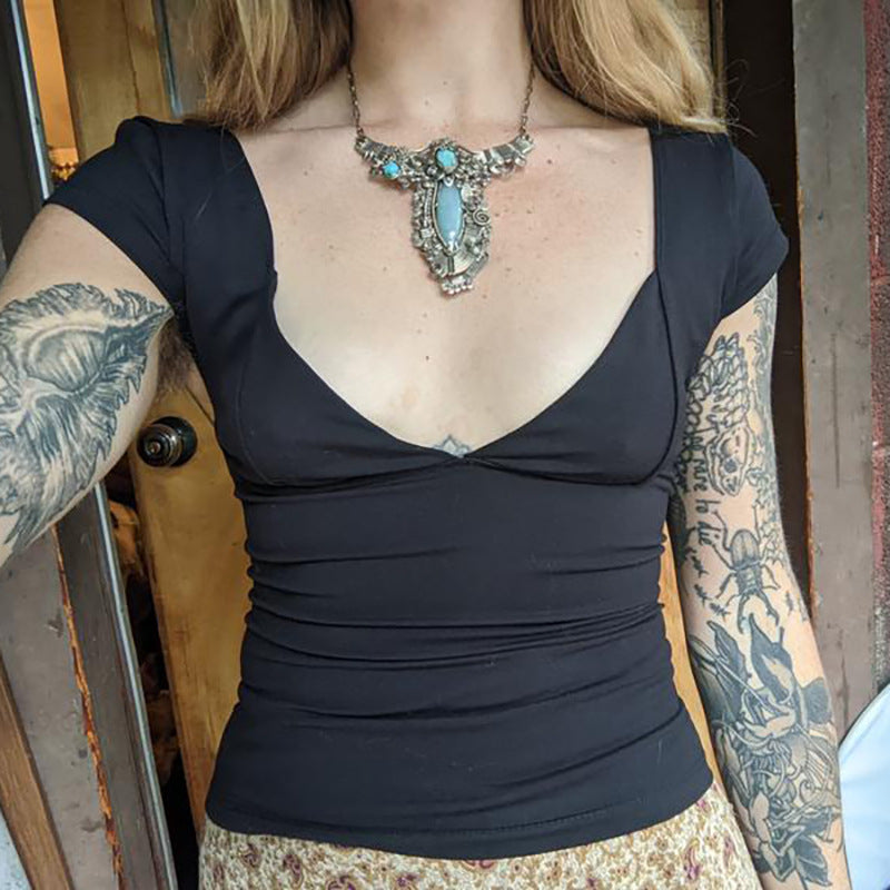 Damen Elegantes Body mit tiefem V-Ausschnitt und kurzen Ärmeln Drune
