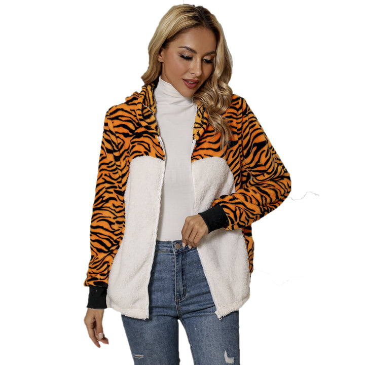 Damen Plüschjacke im Tigerdesign mit hohem Kragen und seitlichen Eingrifftaschen Drune