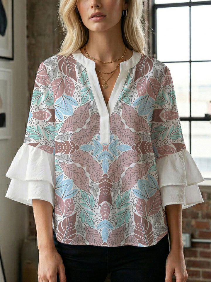 Damen elegantes Oberteil mit voluminösen Rüschensäumen und floralem Design Drune