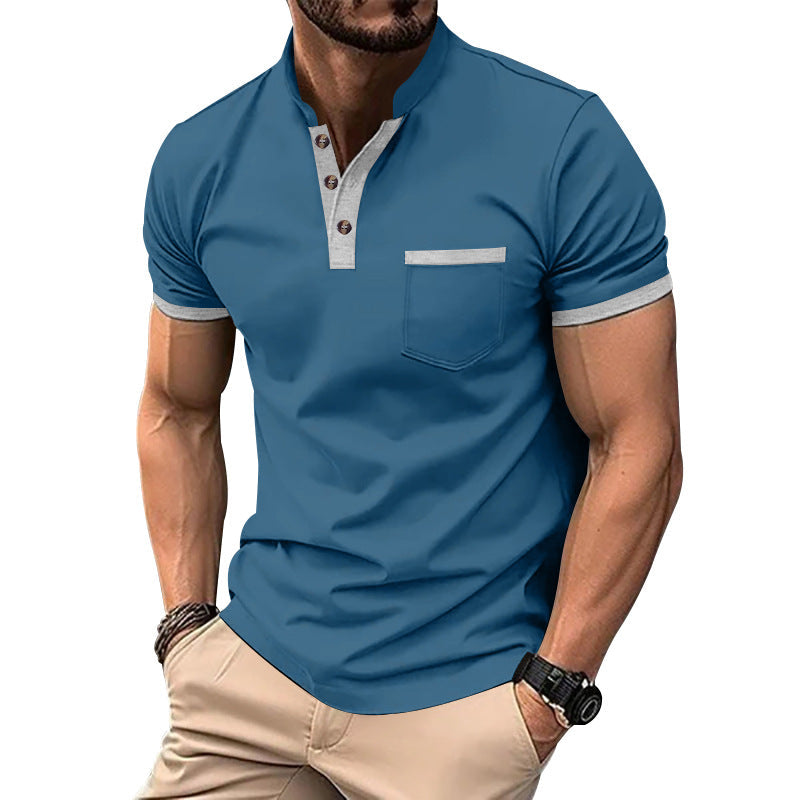 Herren Kurzarm-Henley-T-Shirt mit Button-Down-Kragen und Brusttasche Drune