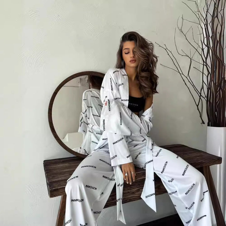 Damen modisches Satin-Set mit Langarmjacke und Hose Drune