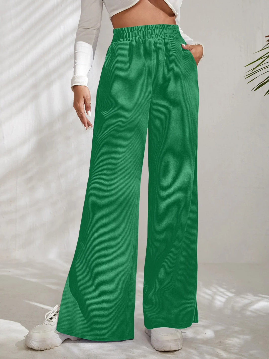 Damen Weite Cord-Hose mit elastischem Bund und seitlichen Schlitzen Drune