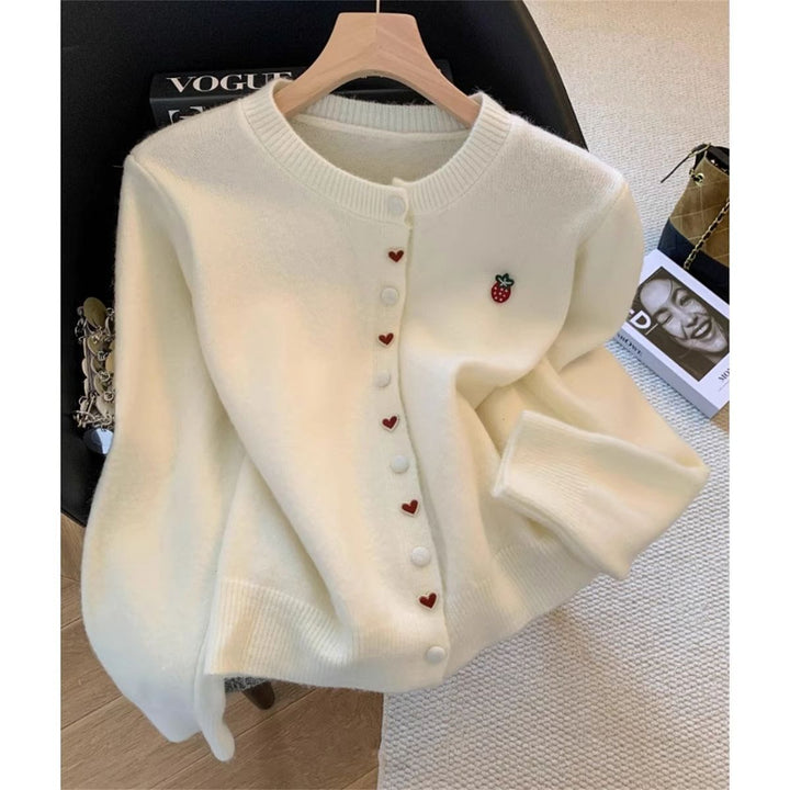 Damen kuschelige Strickjacke mit Herz- und Erdbeerenapplikationen Drune