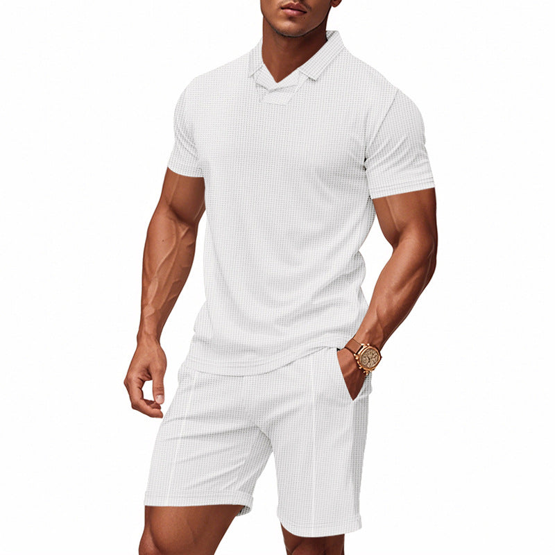 Herren nan lässiges Waffelstruktur-Freizeitset mit Reverskragen-Kurzarmshirt und elastischen Freizeitshorts Drune