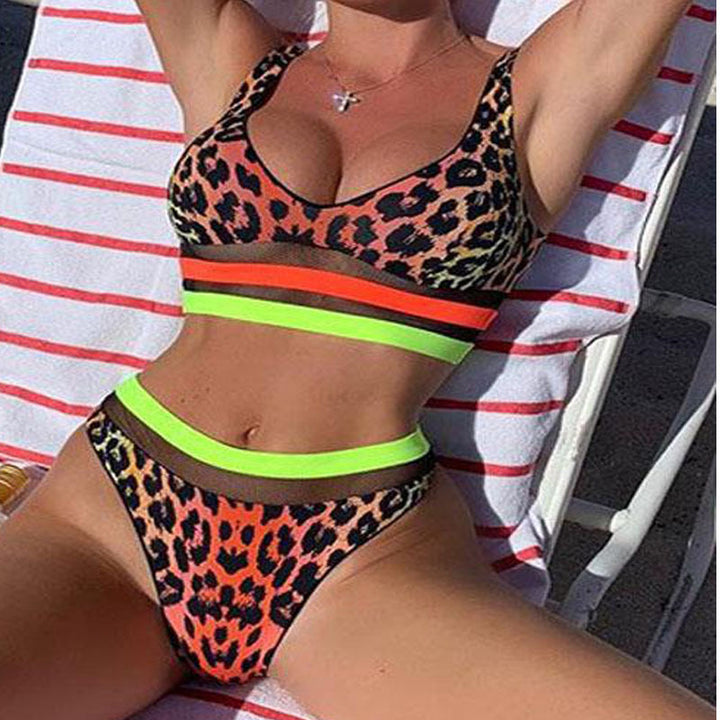 Damen Sportliches Bikini-Set mit hohem Bund und modischem Muster Drune