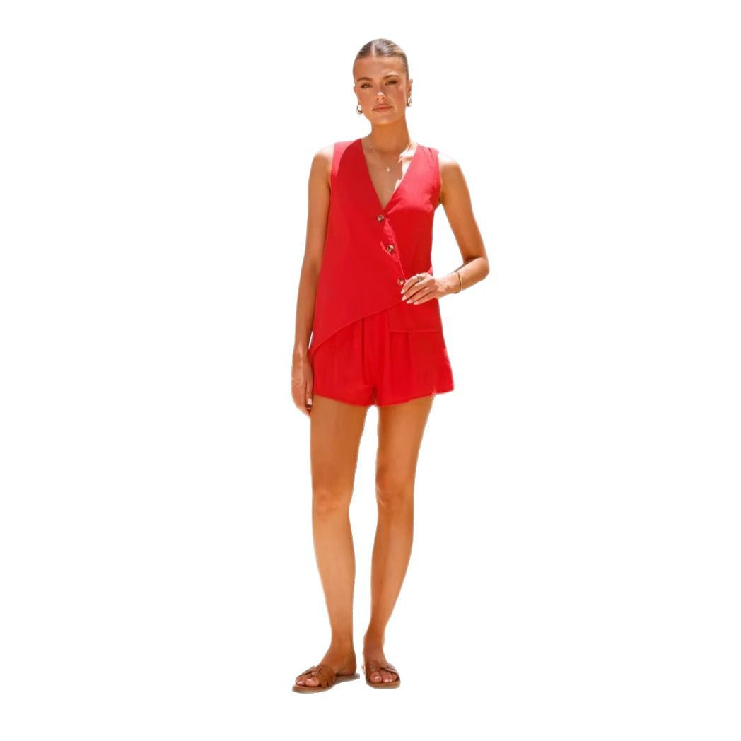 Damen lässiges Sommer-Outfit mit V-Ausschnitt und asymmetrischem Schnitt Drune