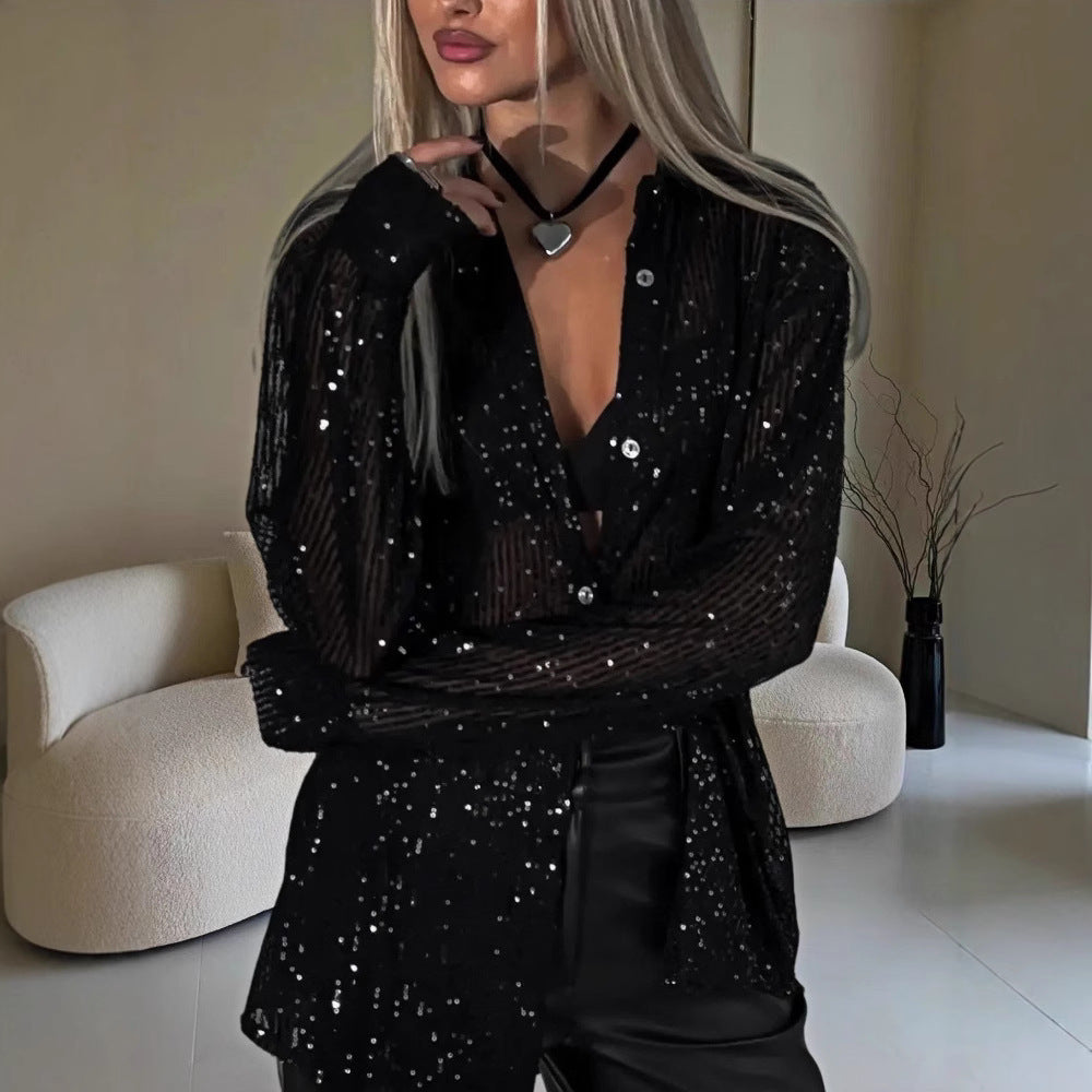 Damen Glamouröse Transparente Bluse mit Pailletten Drune