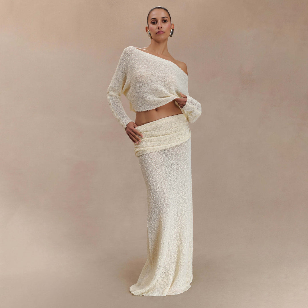 Damen elegantes Set aus Crop-Oberteil und Maxi-Rock mit Rüschendetails Drune