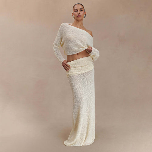 Damen elegantes Set aus Crop-Oberteil und Maxi-Rock mit Rüschendetails Drune