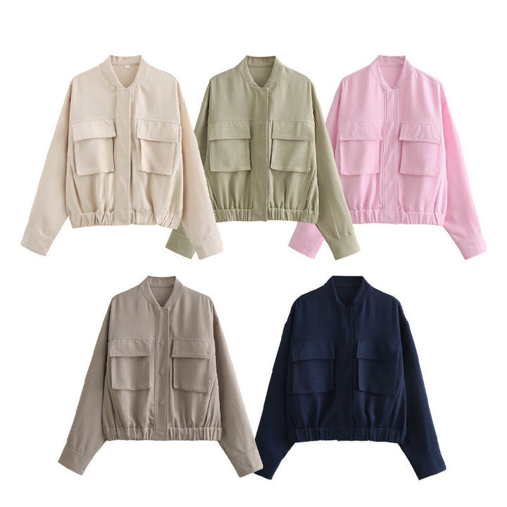 Damen elegante Utility-Jacke mit großen Taschen und elastischem Saum Drune