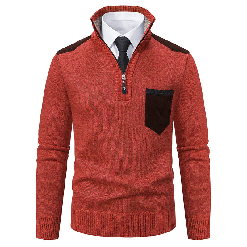 Herren nan Feinstrick-Halbzip-Pullover mit Stehkragen, Brusttasche und Schulterbesatz Drune