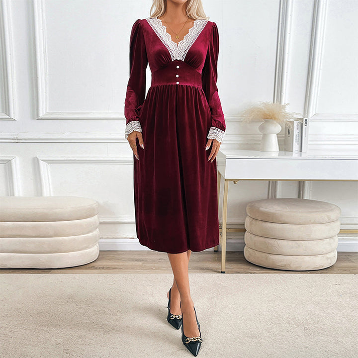 Damen elegantes Samtkleid mit Spitzenapplikationen und Knopfdetails Drune