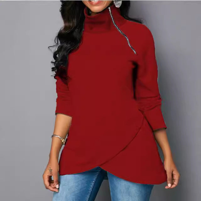 Damen Rundhals Shirt mit hoher Kragen und Reißverschluss Drune