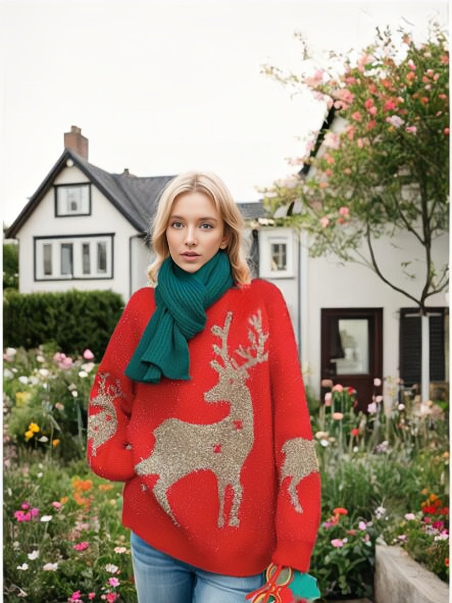 Damen Grobstrickpullover mit festlichem Schneeflockenmotiv und weiten Ärmeln Drune