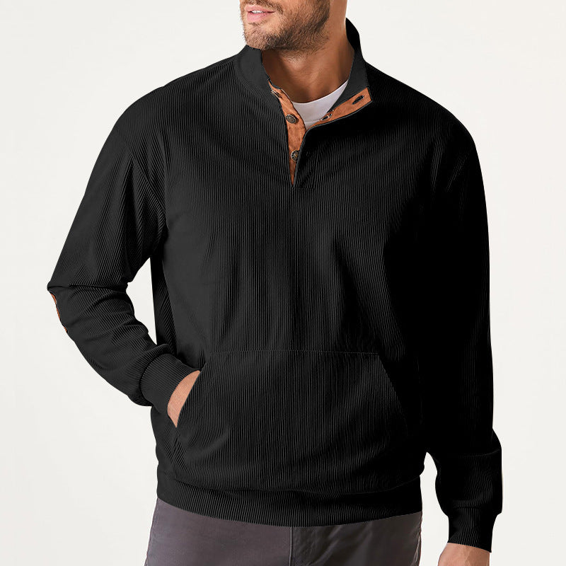 Herren nan geripptes Stehkragen-Sweatshirt mit Knopfleiste, Kängurutasche und Velours-Ellenbogenbesatz Drune