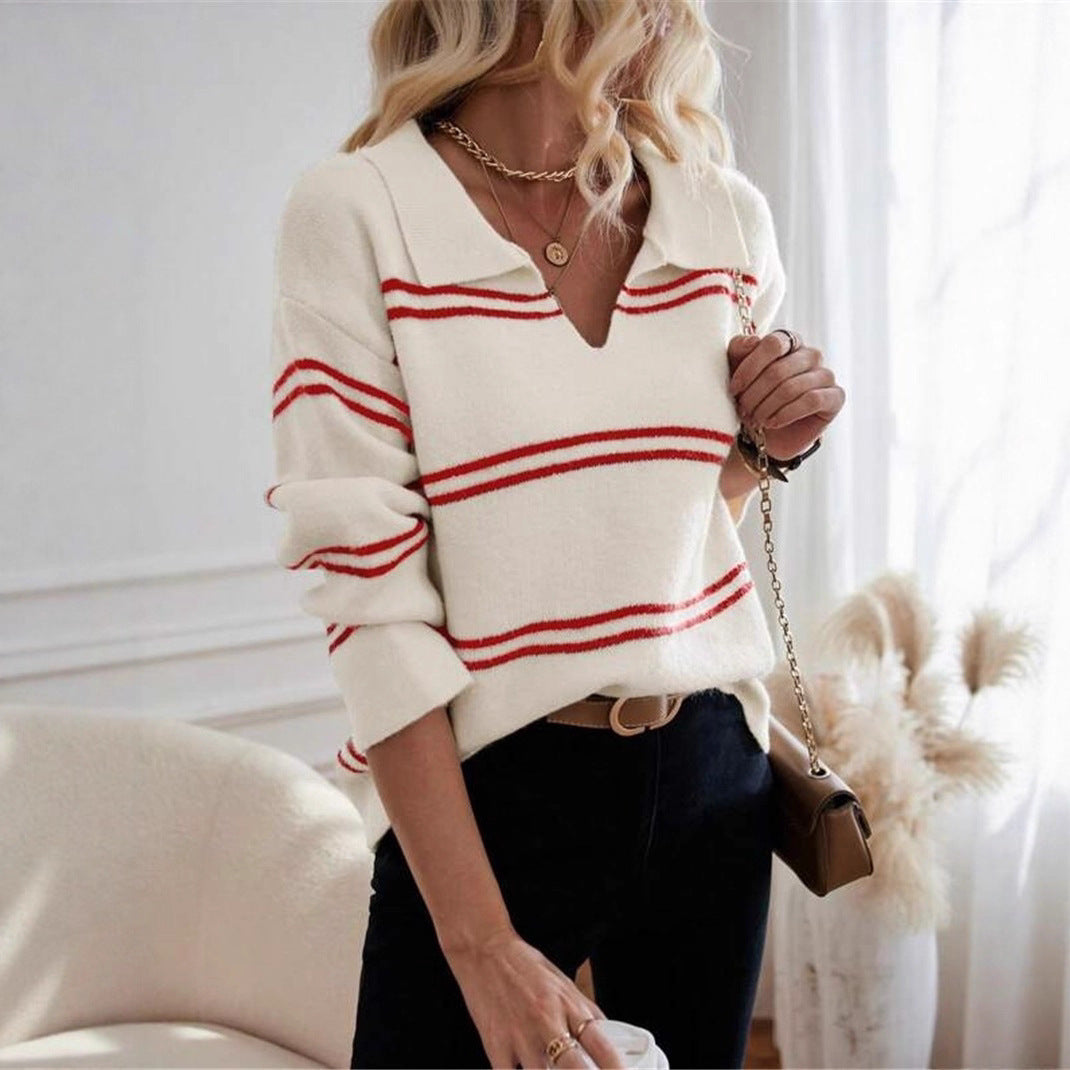 Damen lässiger Pullover mit Polo-Kragen und gestreiftem Design Drune