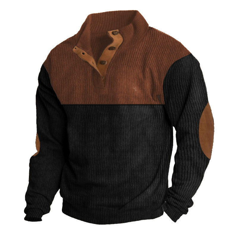 Herren nan rustikaler gerippter Pullover mit Henley-Kragen und lederartigen Ellbogenbesätzen Drune