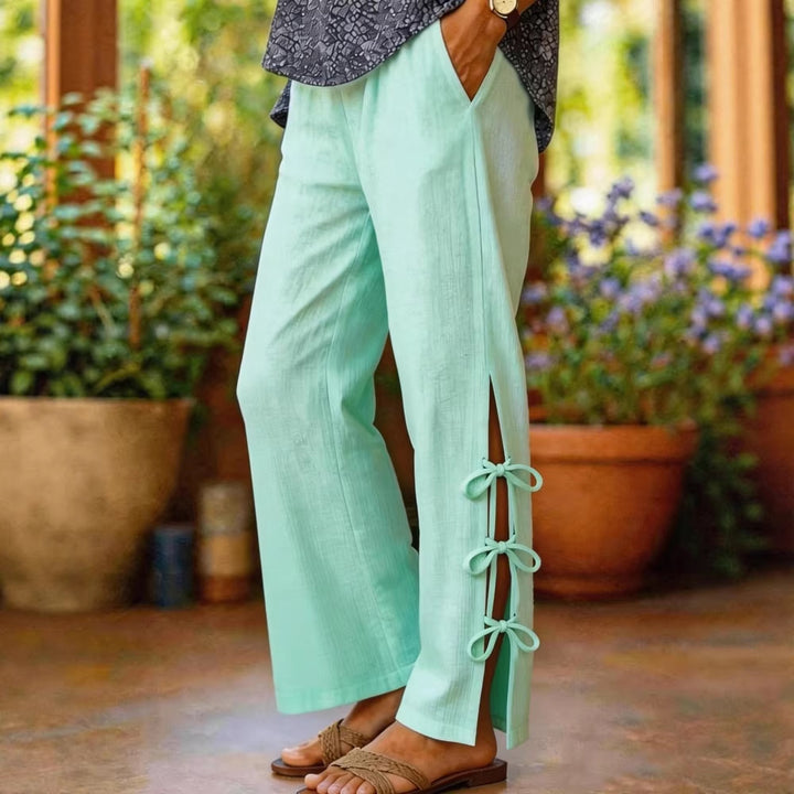 Damen Leichte Sommerhose mit seitlichen Bindegürtel undDekolleté-Schlitzen Drune