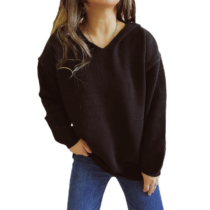 Damen lässiger Strickpullover mit Kapuze und weiten Ärmeln Drune
