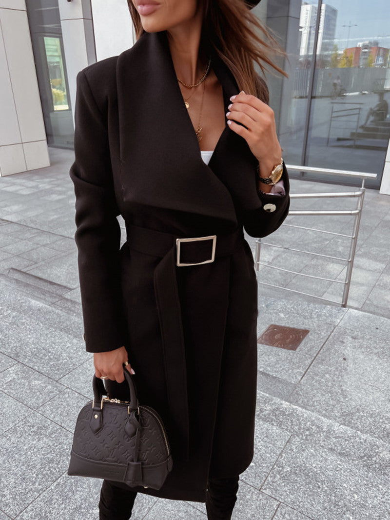 Damen eleganter Trenchcoat mit breitem Revers und taillierbarem Gürtel Drune