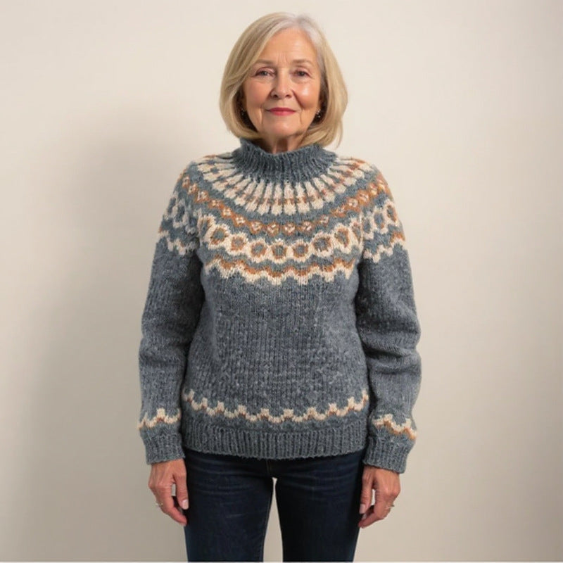 Damen nan kuscheliger Norweger-Strickpullover mit Stehkragen und Oversize-Passform Drune