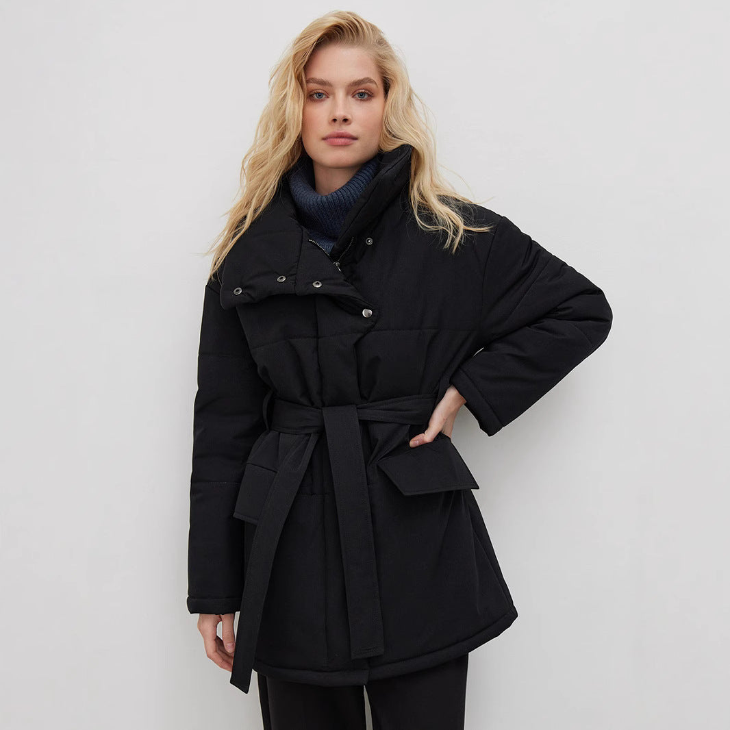 Damen Modische Steppjacke mit hohem Kragen und Gürtel Drune